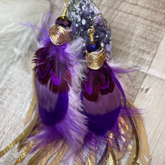 Gold Foiled Genuine Leather Fringe Purple Feather Earrings - Picture 13 of 15